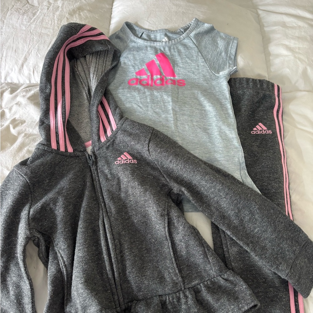Adidas Kids Gray Hoodie and Pink Logo Tee Set